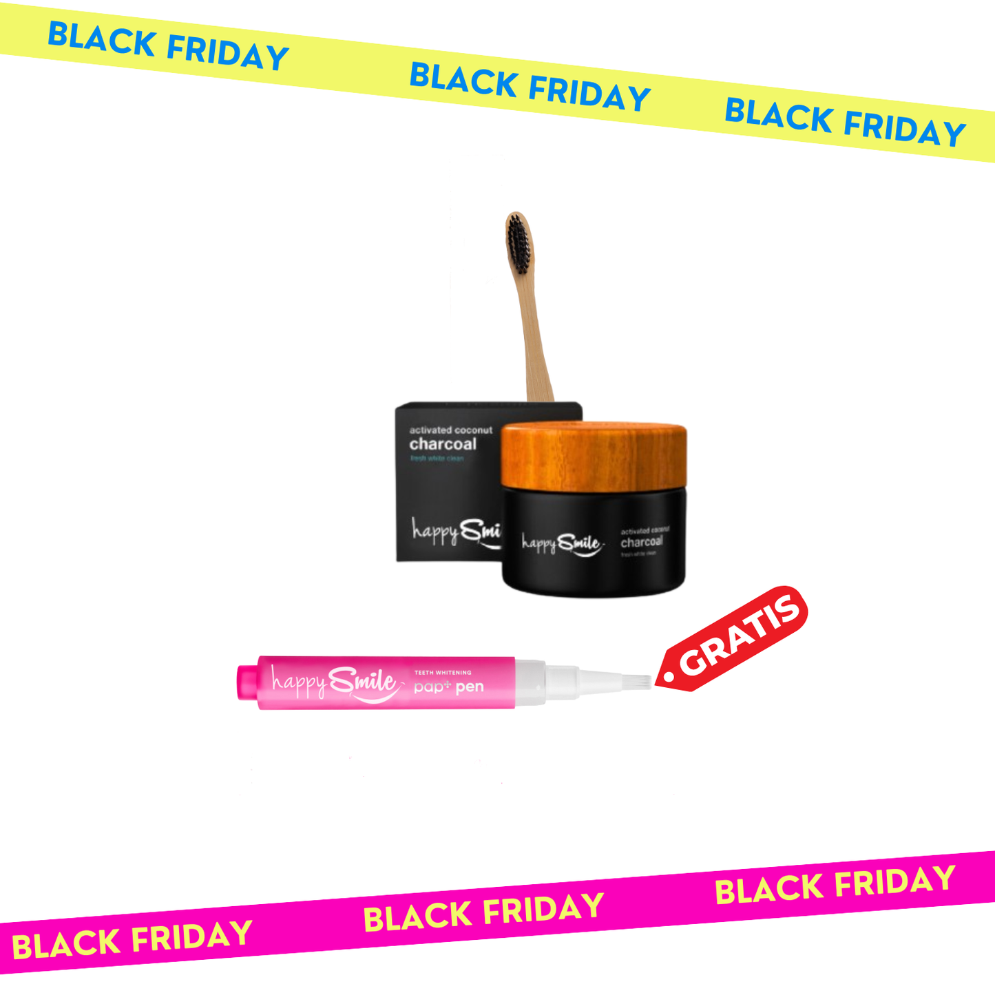 HappySmile Активен Јаглен + ГРАТИС PAP+ Пенкало за избелување заби
